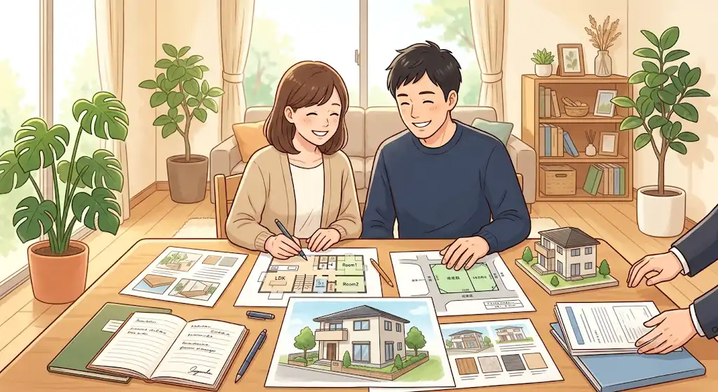 マイホームのパース図を確認し、建物用途を決めて土地購入を決断する夫婦のイラスト