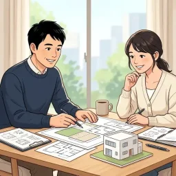 土地に建物を建てることを検討し、図面を見ながら話し合う夫婦のイラスト