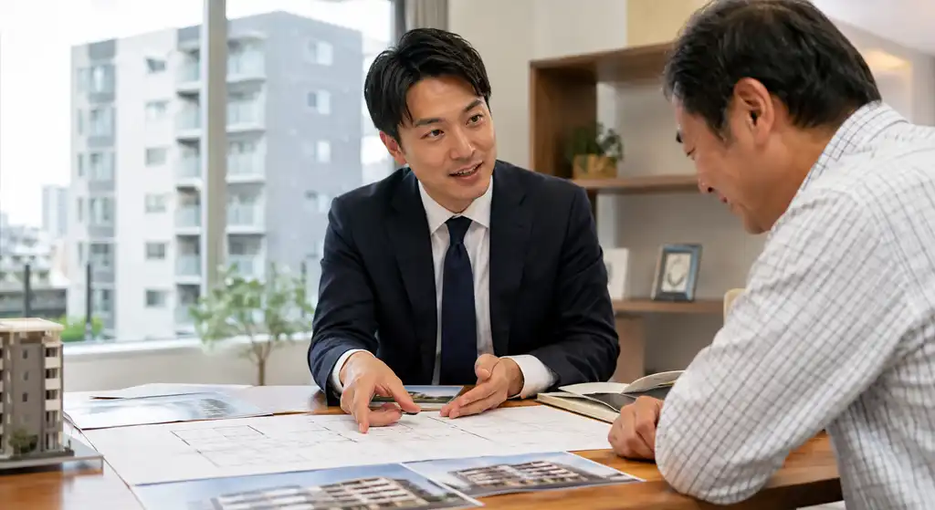 不動産会社と土地オーナーが収益物件について相談・検討しているイメージ