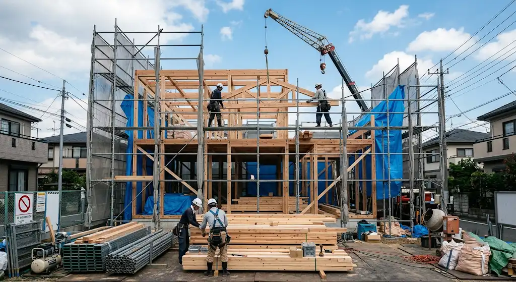 建築中の建物と足場、資材、職人の様子から建築費上昇を連想させるイメージ