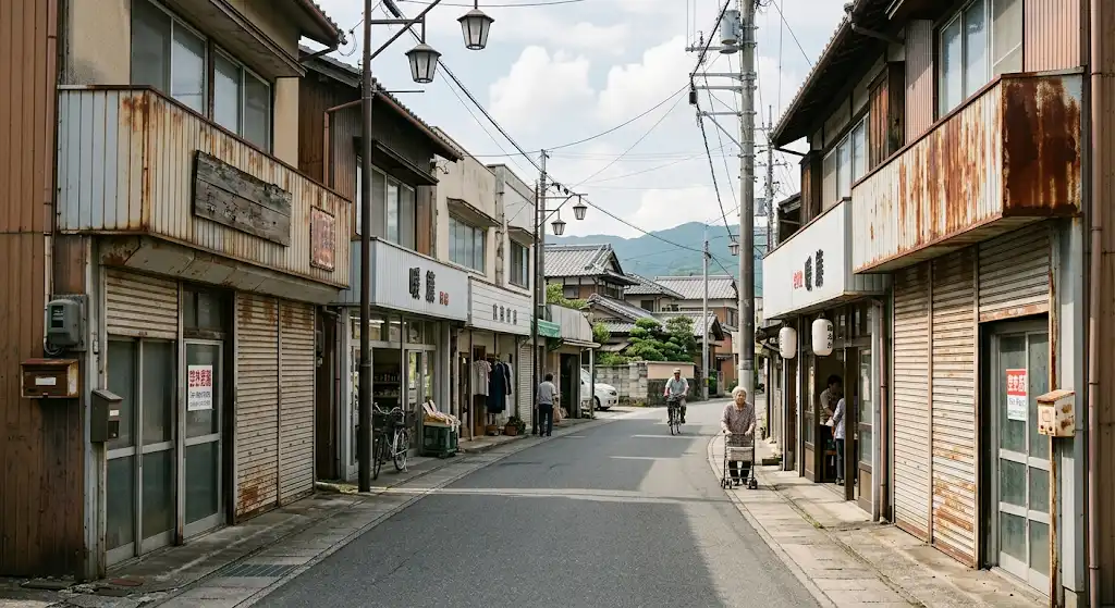 空き家や空き店舗が目立ち始めた日本の商店街のイメージ