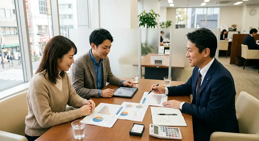 銀行で不動産投資の収支やローン返済について相談しているイメージ