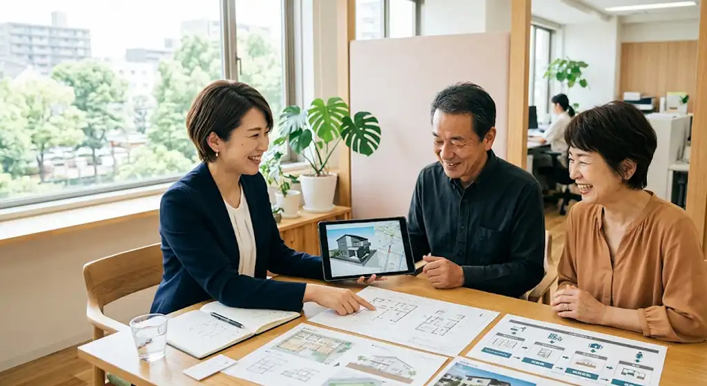 不動産会社で土地や建物の今後の活用方法を相談している明るいイメージ